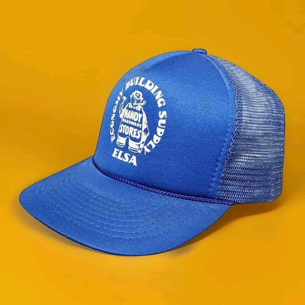 Vintage Trucker Hat Cap Mesh Snap Back Blue Handy Man Building Supplies Elsa TX